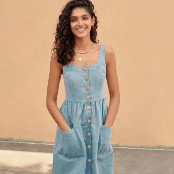Soludos Women's Sundress Medium Cotton Blend Poppy Chambray Denim Mini‎ Boho - Picture 1 of 9